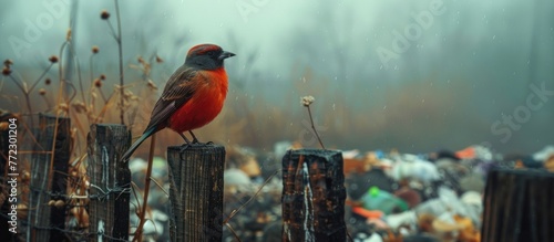 A vibrant red bird perched on top of a weathered wooden fence in an urban environment. photo