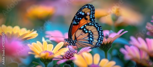 A butterfly sits gracefully atop a cluster of colorful flowers, showcasing natures beauty and harmony. © FryArt Studio