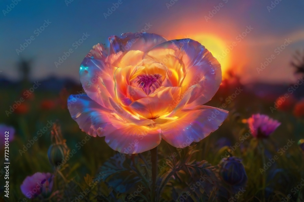 A glowing flower in a meadow at sunset A glowing flower in a meadow at sunset