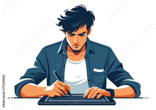 A vector illustration of a creative graphic designer, drawing on a digital tablet with intense focus, casual creative attire, set in a flat design style.