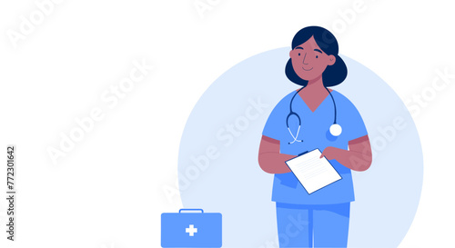 A vector illustration of a dedicated nurse, checking a patient's chart with a caring smile, in scrubs and with a stethoscope draped over the shoulder.