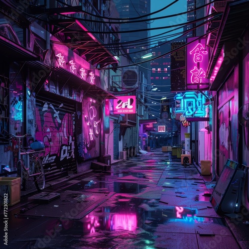 a wet alleyway with neon signs
