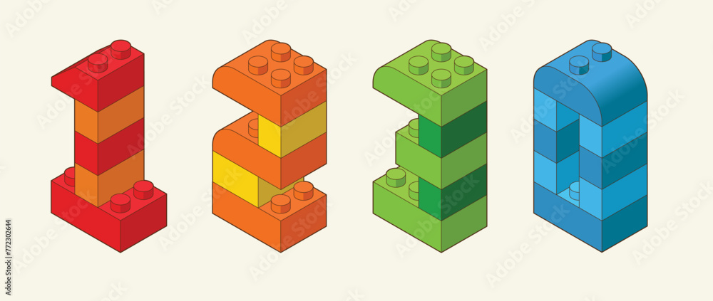 Obraz premium Numbers 1, 2, 3, 0 from Plastic building blocks. Colored bricks isolated on white background. Vector 3d illustration.