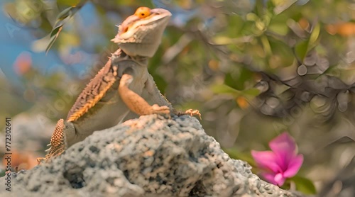 The central bearded dragon stands on a rock photo