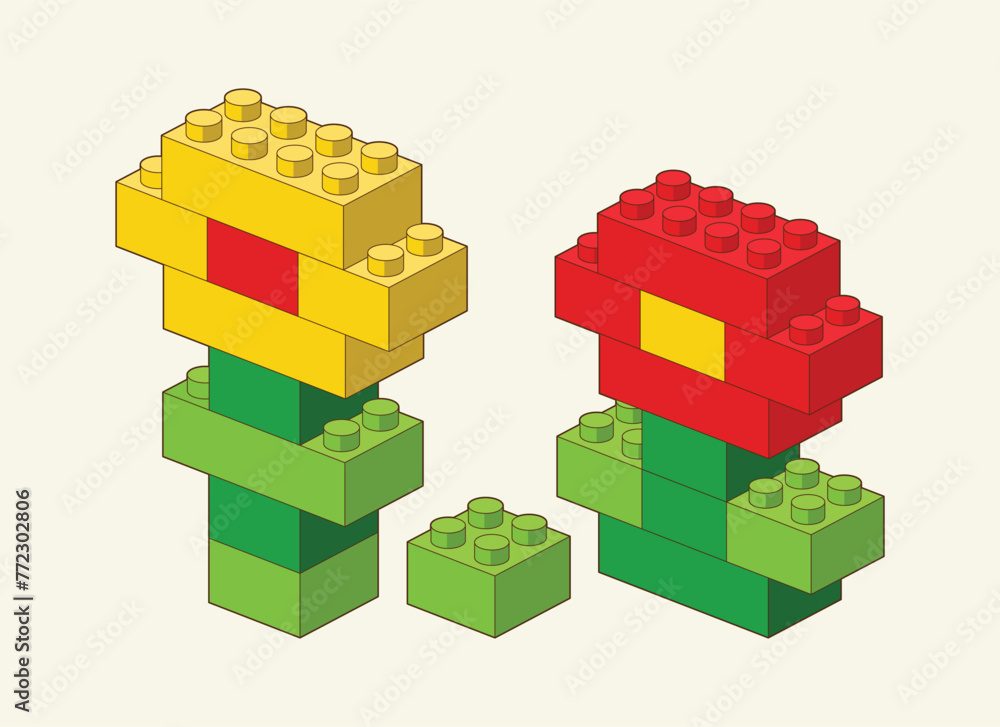 Fototapeta premium Color Flower from Plastic building blocks. Colored bricks isolated on white background. Vector 3d illustration.