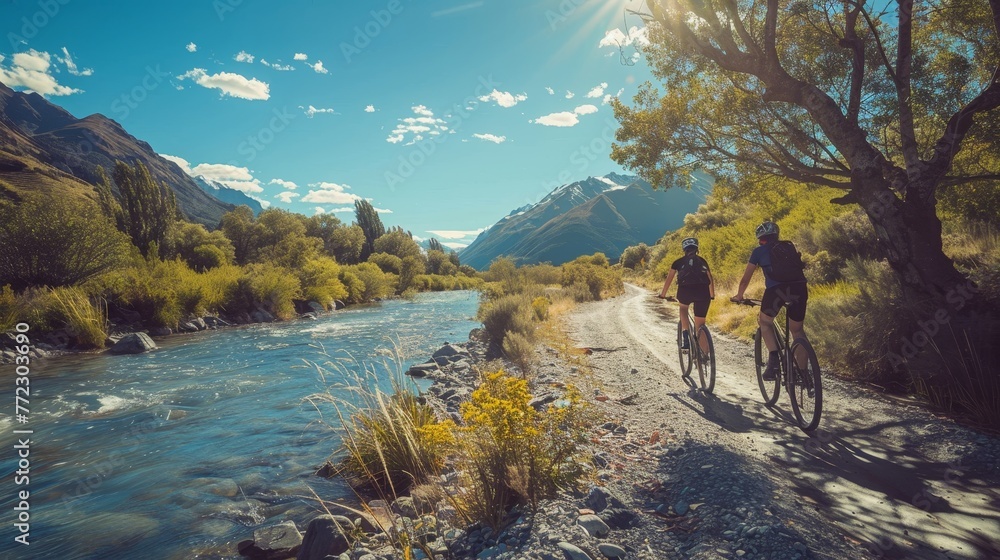 two people riding bikes on a trail by a river
