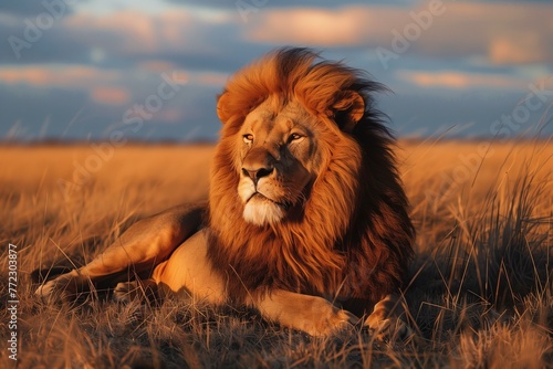 Lion lying on the grass, against a sky filled with fluffy clouds.