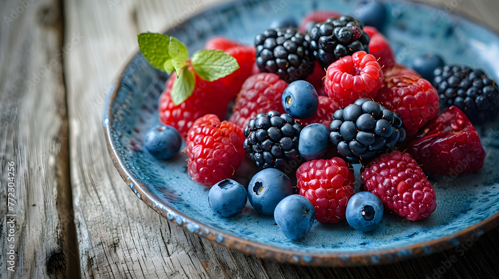 Close-up of fresh berries arranged in a blue plate on a wooden table Close-up of fresh berries arranged in a blue plate on a wooden table
