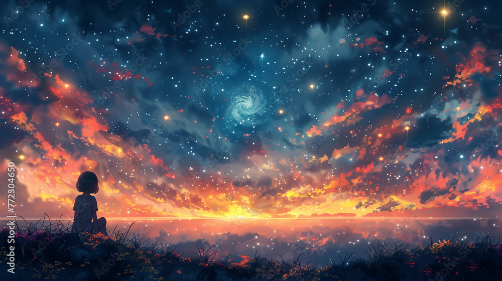 Girl looking at sky, star, space, sunset, galaxy illustration