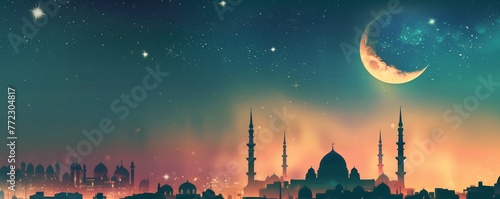 Illustration of abstract ramadan kareem mosque, arabic muslim mosques and minarets, religious eastern architecture, background. © WH Jeong
