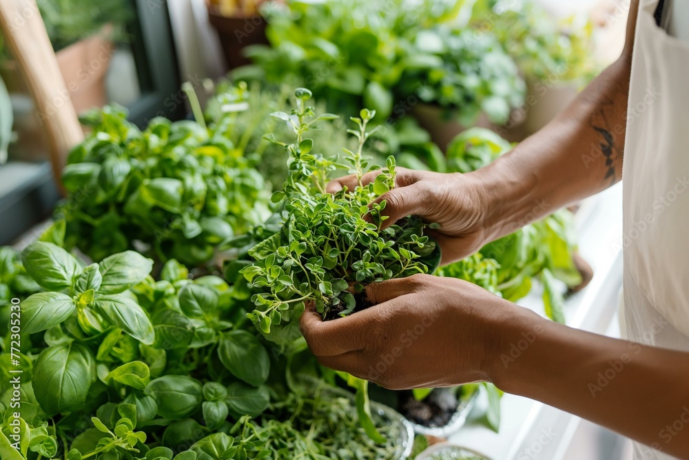 Joyful Urban Gardener Harvesting Fresh Herbs Indoors