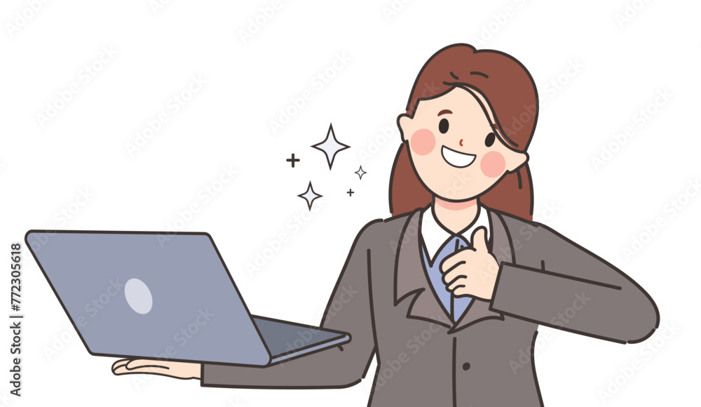 Businesswoman character in suit uniform. Employee people in job. Successful young woman using laptop thumbs up sign. Laptop computer technology concept in vector doodle hand drawn. Businesswoman character in suit uniform. Employee people in job. Successful young woman using laptop thumbs up sign. Laptop computer technology concept in vector doodle hand drawn.