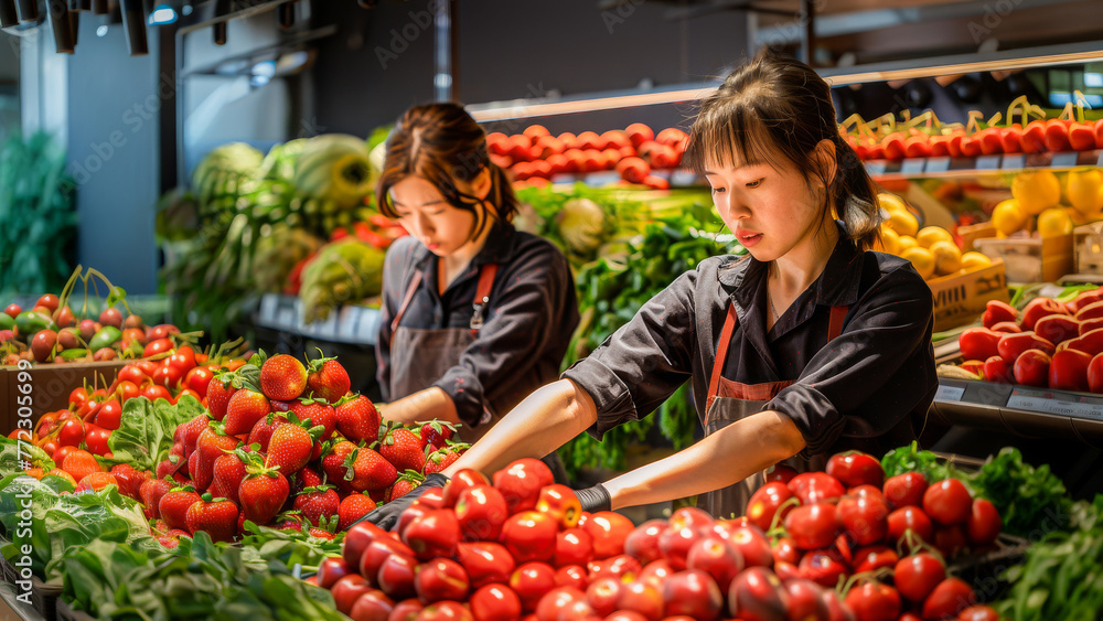 Two workers arranging a colorful display of fresh vegetables and fruits at a local grocery market.