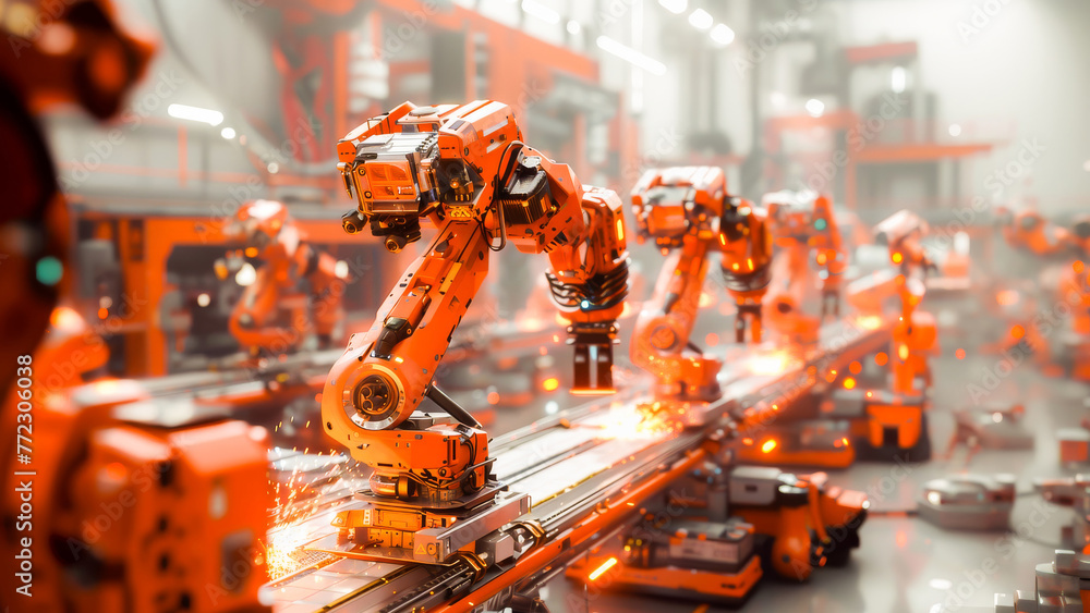 Orange industrial robots on a manufacturing production line with welding sparks, showcasing automation technology in a factory.