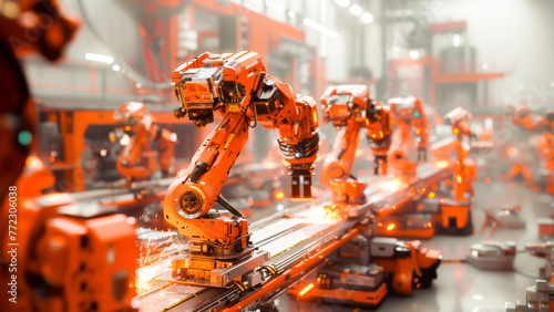 Orange industrial robots on a manufacturing production line with welding sparks, showcasing automation technology in a factory.