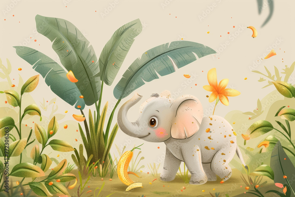 A cartoon elephant is walking through a jungle with banana peels on the ground. The elephant is smiling and he is enjoying its time in the wild