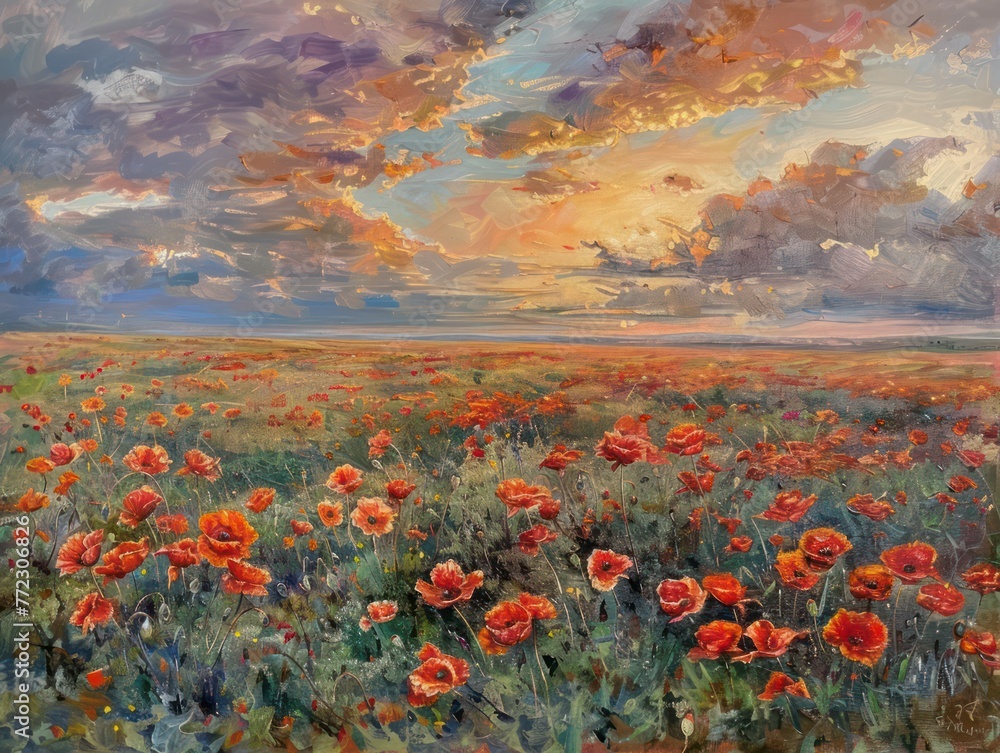 Poppy field at sunset fiery hues blending