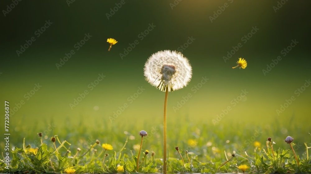   A dandelion blooms in the heart of a grassy field; a bee hovers above