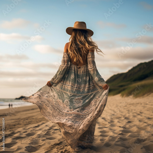 Beautiful young woman back side in boho dresses walking outdoors on the beach at sunset. Hipster traveler girl