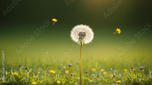   A dandelion blooms in the heart of a grassy field  a bee hovers above
