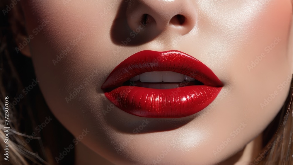 red lipstick marks her full lips, gold necklace adorns her neck red lipstick marks her full lips, gold necklace adorns her neck