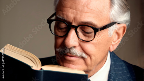  A tight shot of a man in a suit, wearing glasses, and holding an open book before his face