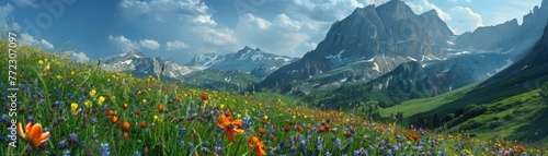 Mountainous backdrop with wildflowers in the foreground