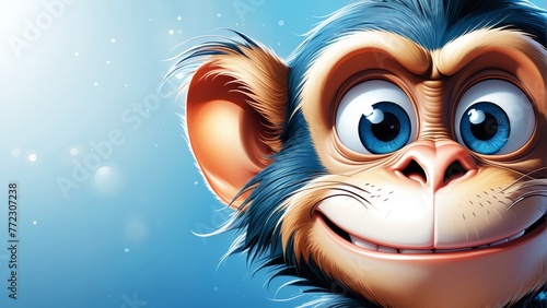  A monkey's close-up face, smiling, surrounded by bubbles in the background