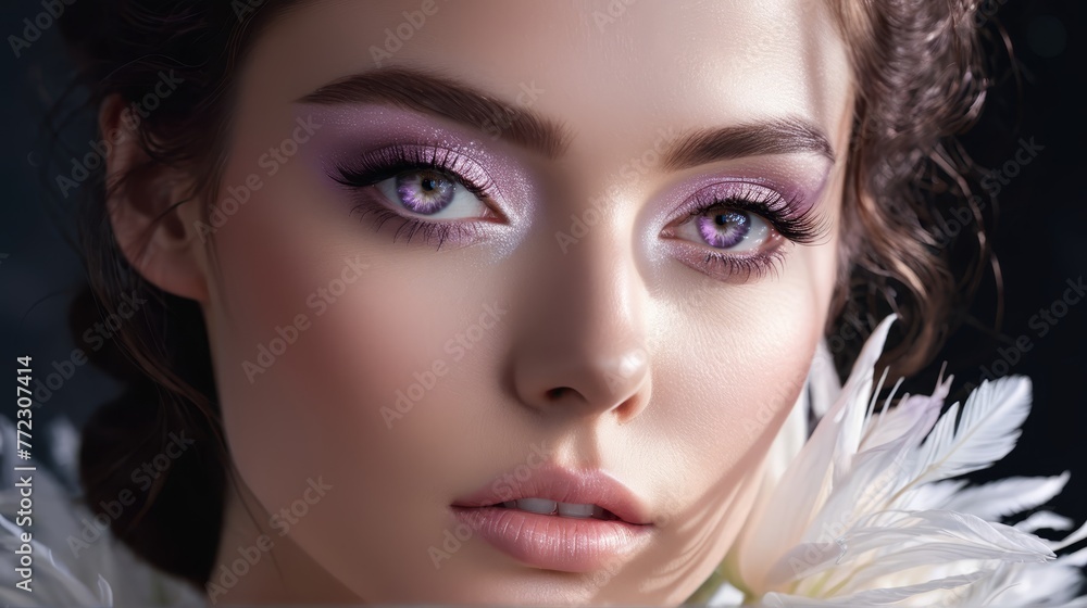 A tight shot of a woman's face adorned with a flower in her hair and a feather circling her neck A tight shot of a woman's face adorned with a flower in her hair and a feather circling her neck