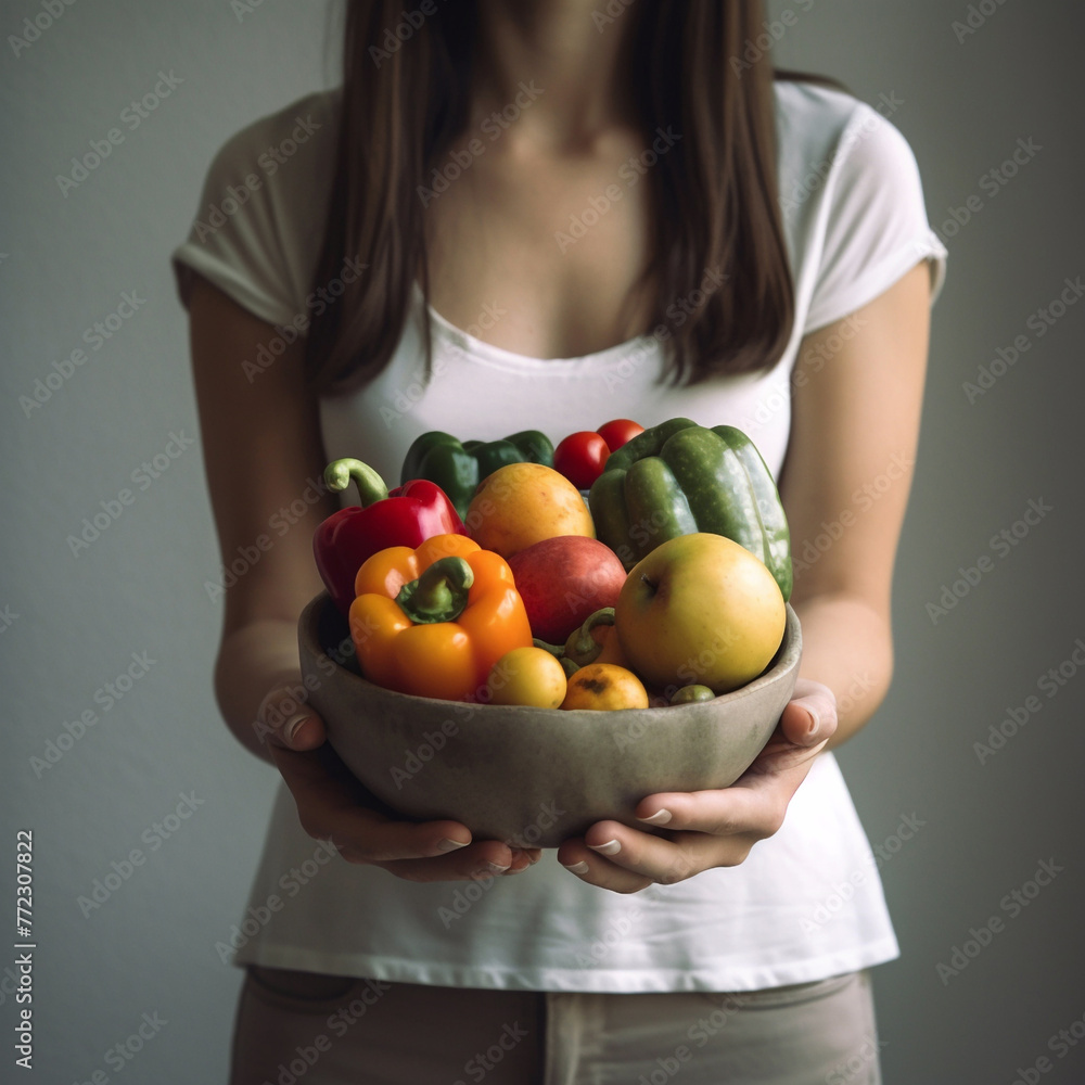 Woman holding bowl with fresh vegetables for salad. Healthy eating. Diet meal. Woman holding bowl with fresh vegetables for salad. Healthy eating. Diet meal.