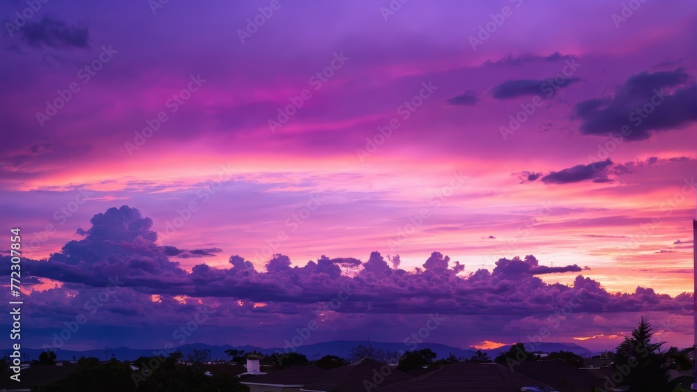   A pink and purple sky with clouds, a clock tower in the foreground, and a few houses in the background