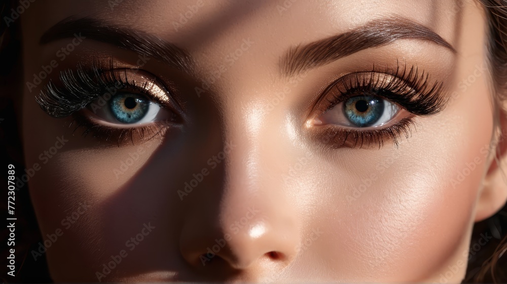 Fototapeta premium blue eyes, long black lashes, and a cast shadow