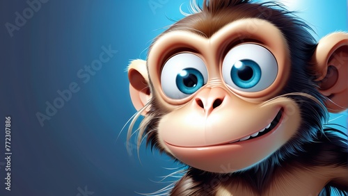   Close-up of a monkey with large  expressive eyes and a smiling face against a blue backdrop
