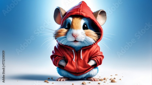   A hamster wears a red hoodie, seated on the ground It gazes at the camera against a backdrop of a blue sky