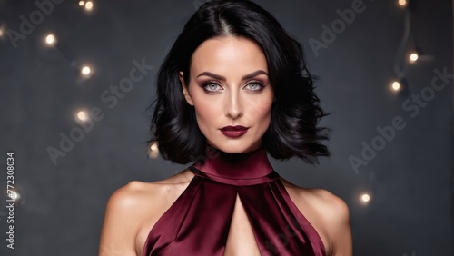   Woman in red halter top, dark hair Lights backdrop for photo pose