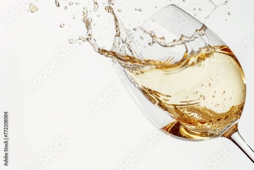a classic wine glass with poured white wine or sparkling champagne splashes