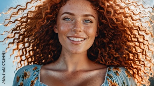  A tight shot of a woman with red hair and frizzy strands around her face, beaming with a smile