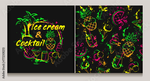 Circular tropical label, seamless pattern with icons of pineapple, cocktail glass, ice cream, palm trees. Paint brush strokes, splattered paint. Neon fluorescent colors. Outline, contour illustrations photo