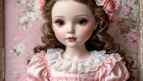   A close-up of a doll in a pink dress holding a pink flower behind her ear