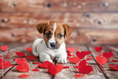 a cute and adorable puppy dog surrounded by hearts