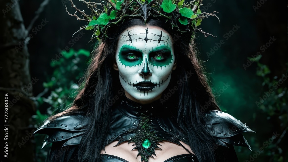 A woman in skeletal attire, adorned with a green leaf crown and wreath, resides in a shadowy forest A woman in skeletal attire, adorned with a green leaf crown and wreath, resides in a shadowy forest