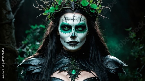  A woman in skeletal attire, adorned with a green leaf crown and wreath, resides in a shadowy forest
