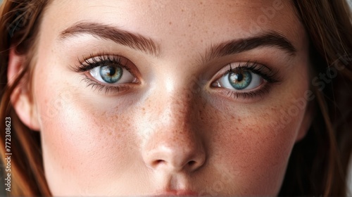  A close-up of a woman's face adorned with freckles and blue eyes