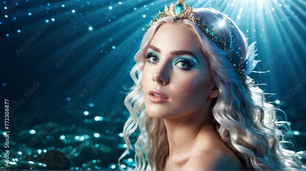 A stunning blonde woman, her blue eyes sparkling beneath a tiara, graces the scene under a star-studded blue sky A stunning blonde woman, her blue eyes sparkling beneath a tiara, graces the scene under a star-studded blue sky