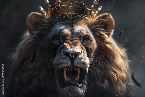 King lion with a crown on its head against portrait in the wild a dark background