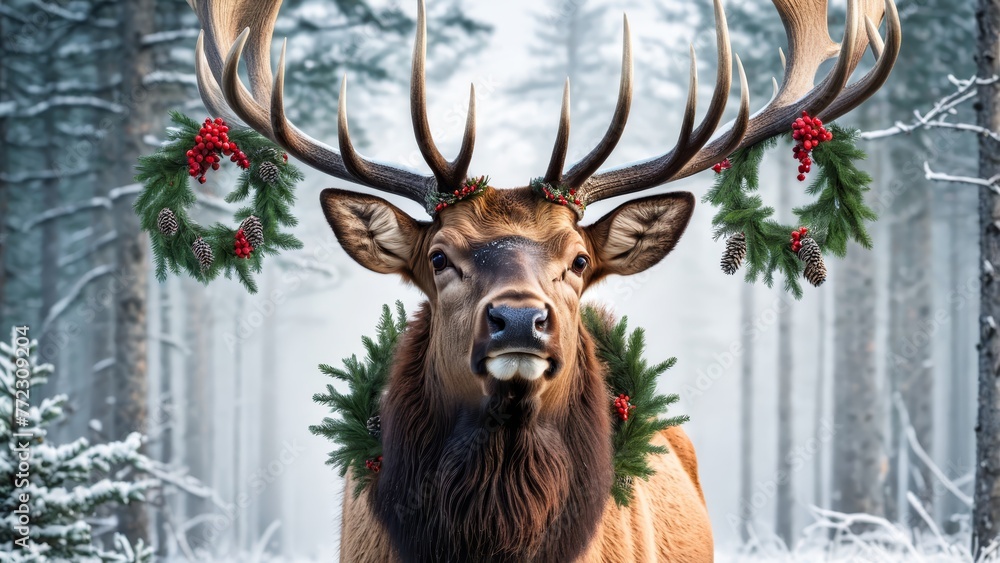 Fototapeta premium A tight shot of a deer adorned with antlers and winter wreaths in a snow-laden forest