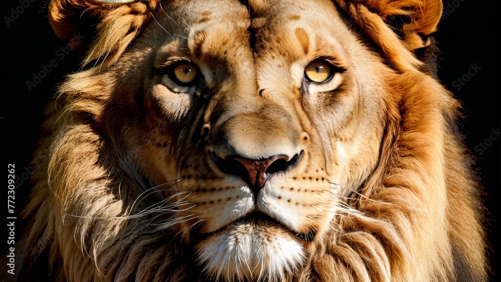 Naklejka premium A lion's face in tight focus, donned with a hat, against a black backdrop