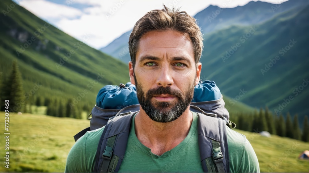 A bearded man, with a backpack over his shoulders, stands before towering mountain ranges and a valley in the background A bearded man, with a backpack over his shoulders, stands before towering mountain ranges and a valley in the background