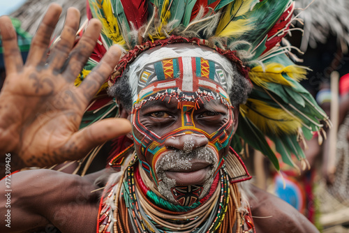 Portrait of a man in traditional tribal attire and face paint.