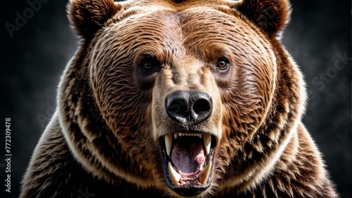  A close-up of a brown bear with its mouth open widely